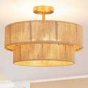 18" Boho Semi Flush Mount Ceiling Light Gold Rattan Ceiling Light Farmhouse Ceiling Lamp with Natural Hemp Rope Lampshade for Dining Room Living Room Bedroom Kitchen