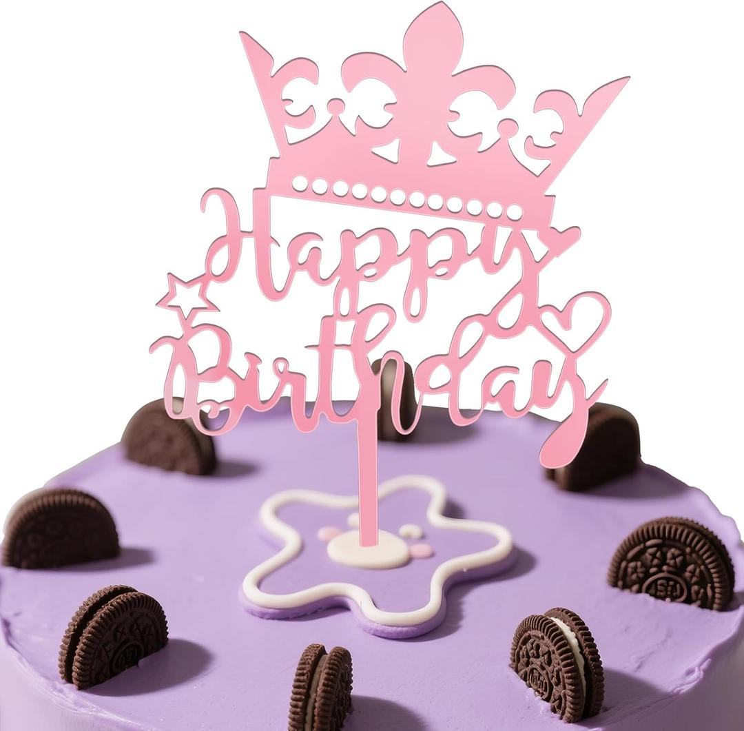 Losaria Glitter Pink Birthday Decorations - Happy Birthday Cake Topper for Women or Girls - Shiny Acrylic Party Supplies