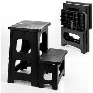 2-Step Stool Foldable, Non-Slip Folding Step Stool Plastic Steps Ladder Bedside Stepstools Collapsible Step Stools for Adults for Kitchen Home Bathroom RV-Black (15"L x 13"W x 17"H)