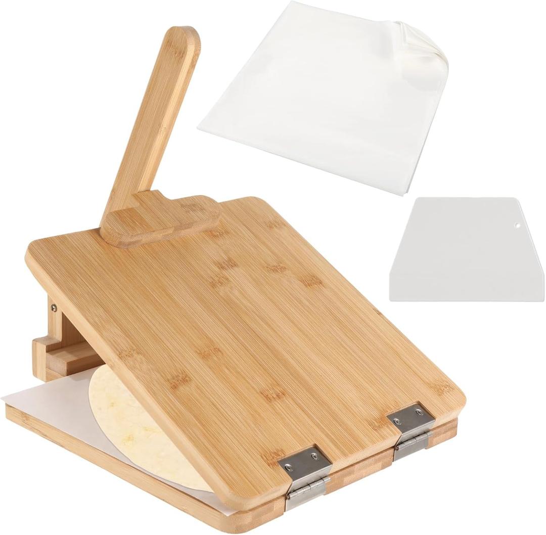 Wooden Tortilla Press, 10 in Mexican Tortilla Presser with Scraper & Papers, Natural Healthy Maker, Quick Shaping, Engraved with 4.5/6.5/8/10 in Scales, Easy to Use