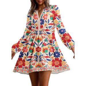 Dokotoo Boho Dresses for Women 2026 Floral V Neck Long Sleeve Embroidered Lace Beach Vacation Mini Dress (Medium, Multicolored)