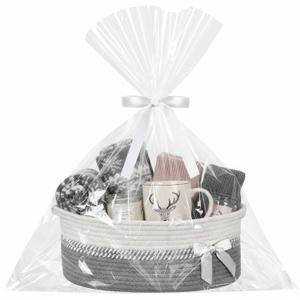 Woven Christmas Gift Basket Empty with Ribbons Bow Tie and Bag, Empty Decorative Chest Box, 14" X10" x 5.5", Woven Rope Basket Storage for Gifts with Handles Home Decor(Gray White)