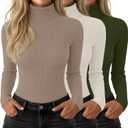 3 Pack Womens Ribbed Turtleneck Tops Long Sleeve Cotton Stretch Shirts Slim Fit Base Layer Undershirt Tees (Large, Army Green, Ivory, Khaki)