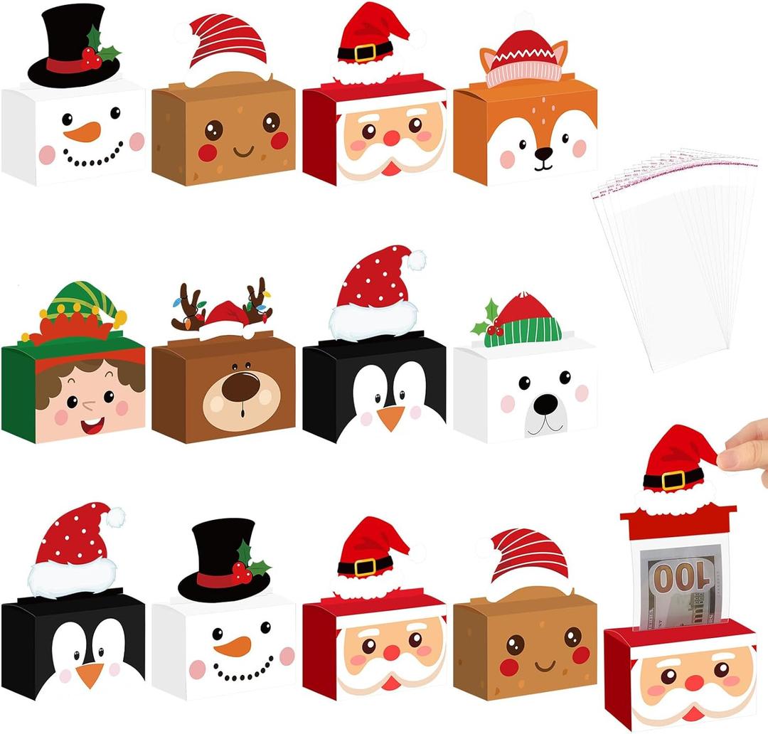 Kritkin 12 Pcs Christmas Money Box for Cash Gift Pull Santa Dispenser Pop up Christmas Money Holder Gift Big 300 Transparent Bag Cash Box Elk Cake Kit for Pull Adults Party(Fashion)
