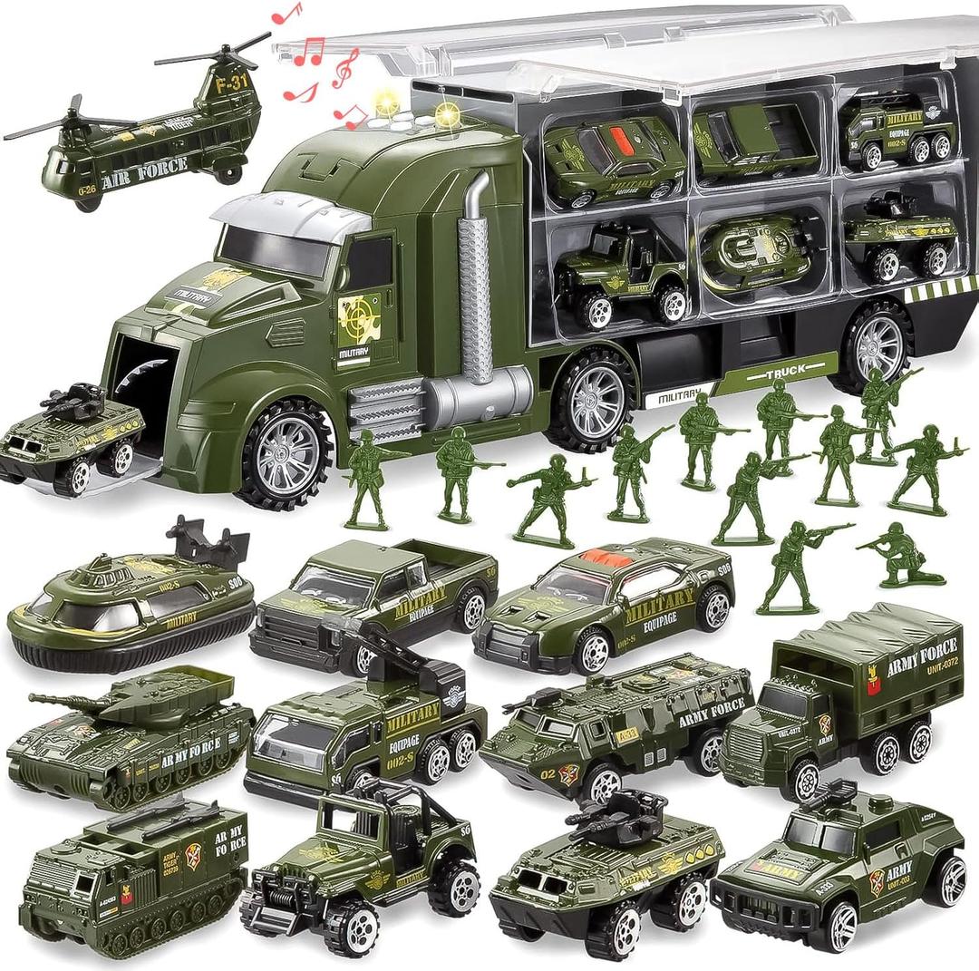 JOYIN 25 in 1 Military Kids Truck Toys for Age 3+, Toddler Boy Toys, Army Men Tanks Set with Soldier Men, Mini Battle Cars in Carrier Truck with Lights and Sounds, Gifts for Grandkids