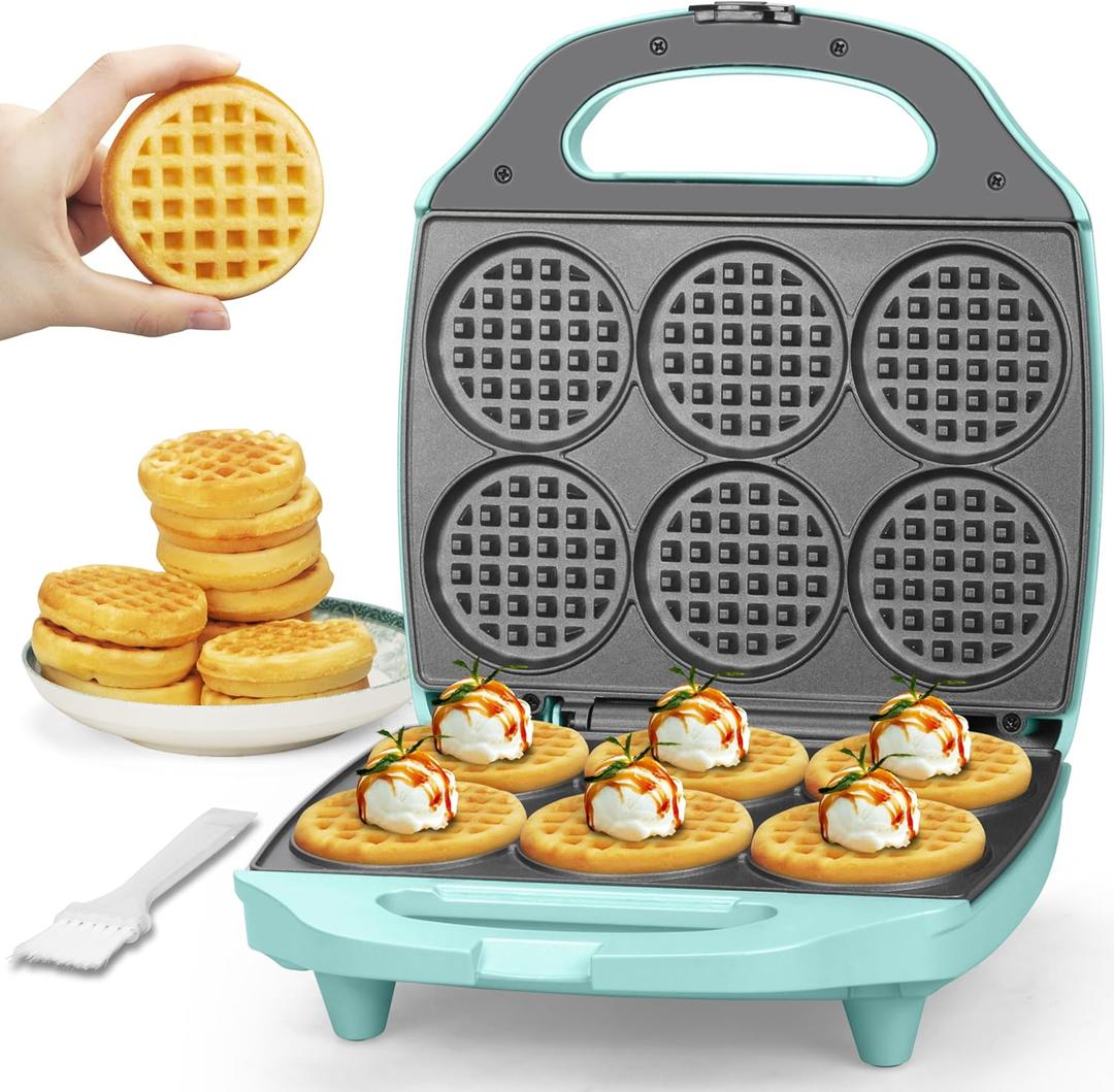 Baker's Friend Multi Mini Waffle Maker Machine, 6 x 3'' Small Waffle Iron, Perfect for Families and Individuals Use, Excellent Choice for Breakfast Brunch Parties & Events, Aqua