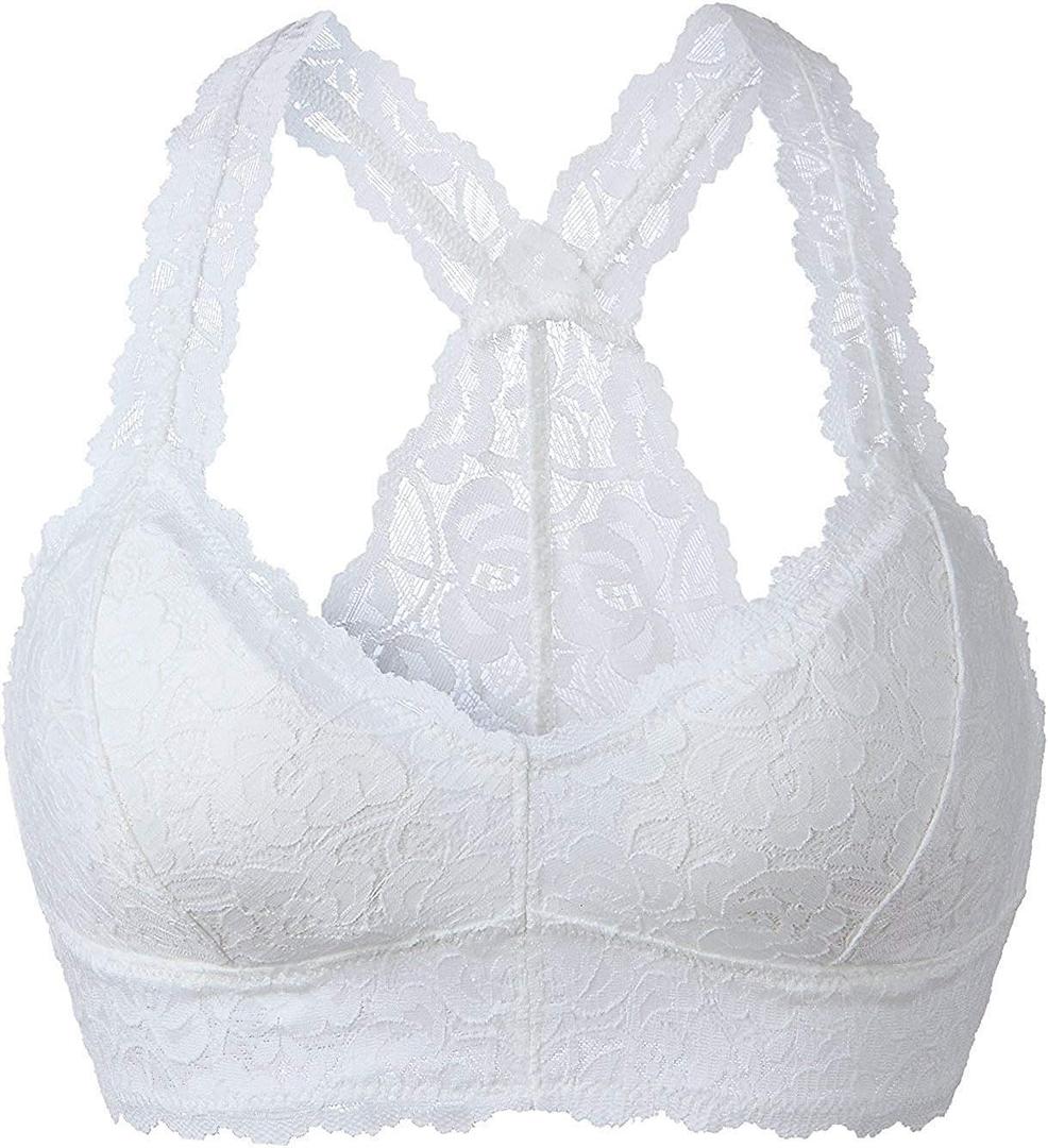 YIANNA Women White Floral Lace Bralette Padded Breathable Sexy Racerback Lace Bra Bustier Crop Top Wirefree, YA8332-White-S