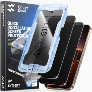 SMARTDEVIL 2 Pack Privacy Screen Protector for iPhone 16 Pro, 28 Anti-Spy 9H Tempered Glass, Impact & Scratch Resistant, Auto Dust & Bubble-Free Install Frame, Easy to Install, Case-Friendly