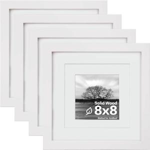 Egofine 8x8 Picture Frames 4 PCS - Made of Solid Wood Covered by Plexiglass for Table Top Display and Wall Mounting Photo Frame for Pictures 4x4/6x6 with Mat White