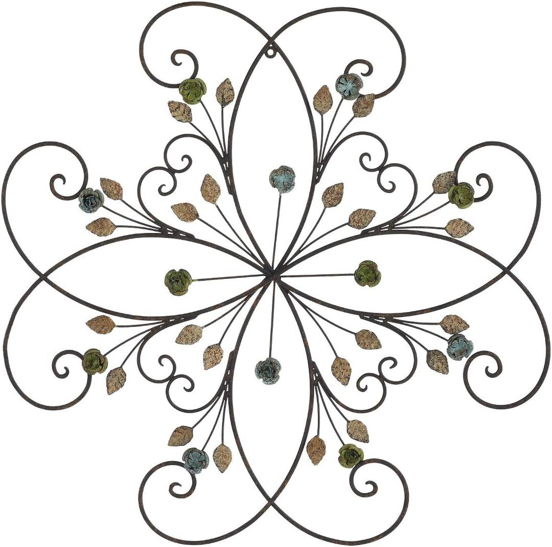 KUWIVO Lechesis 24" Metal Flower Scroll Wall Art Decor Sculptures with Rust Leaf for Living Room Bedroom