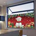 Christmas Window Film Snowman with Santa Hat Scarf Gifts Snowflake Ornaments Decorative Glass Sticker Static Cling Holiday Privacy Window Clings 39.3  17.7 Inch