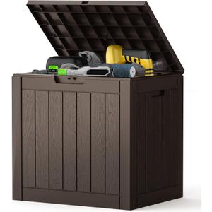 NEWBULIG 31 Gallon Outdoor Storage Box, Waterproof Deck Box with Lockable Lid, Patio Furniture Bench & Side Table, Easy Assembly, for Garden, Pool, Patio & Backyard Organization, Brown