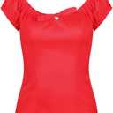 YARN & INK Women's Pinup Shirt 1950s Vintage Rockabilly Puff Sleeve BowBlouse Off Shoulder Tops (Large, Red)