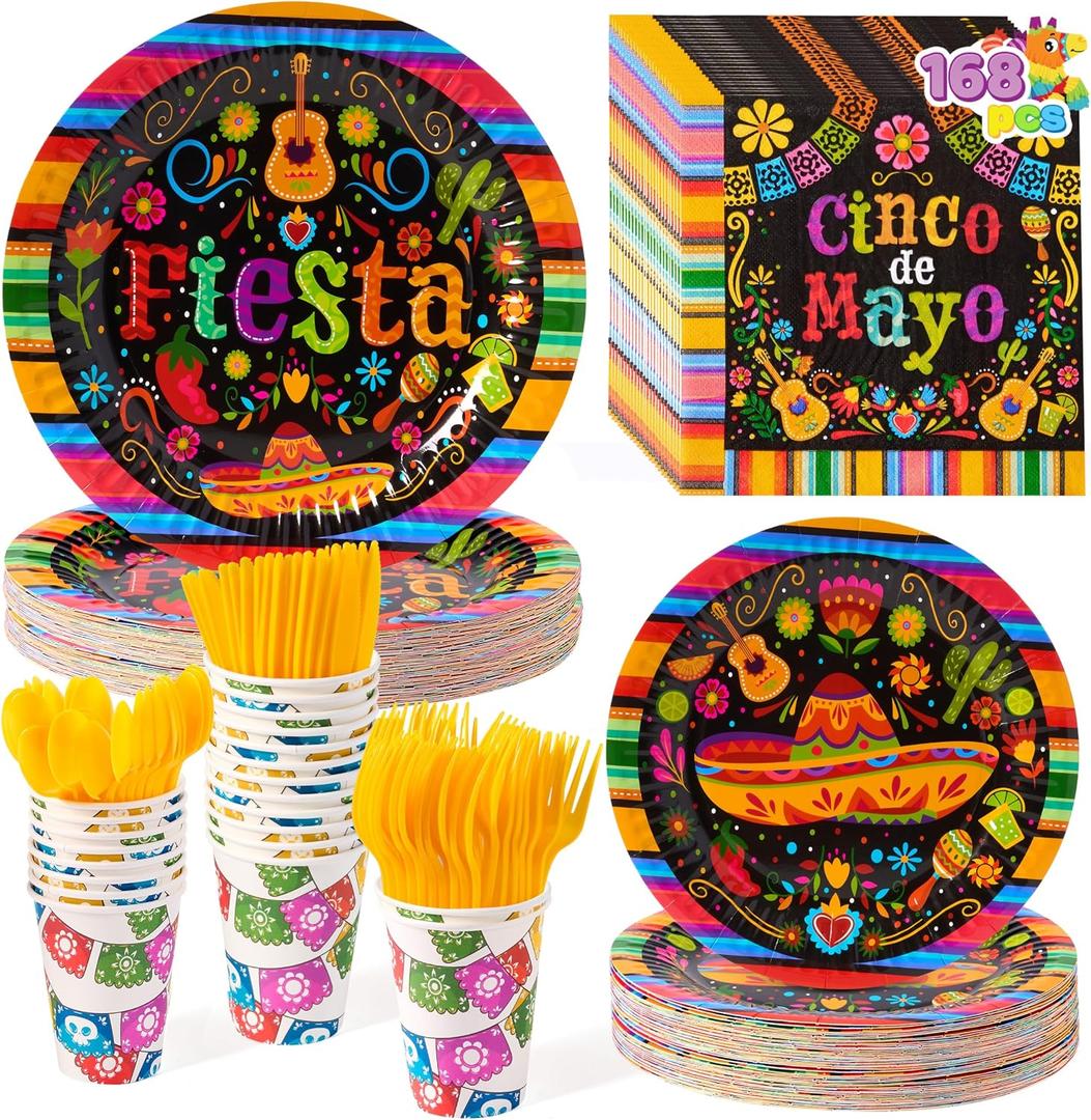 JOYIN 168 Pcs Fiesta Party Decorations, Mexican Theme Paper Plates and Napkins Set for 24 Guests, Cinco De Mayo Colorful Mexico Platters Tableware Set, Mayo Dance Pinata Taco Colorful Theme Party