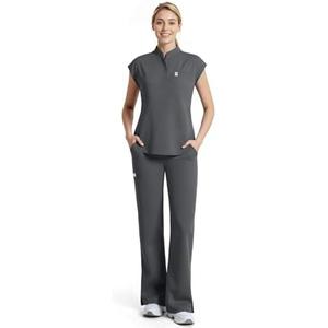 Dvoliaw Women Scrubs Set,Sleeveless Stand Collar Scrub Top,Straight Leg Scrub Pant,11-Pocket Medical Uniform,Yoga Waistband, S