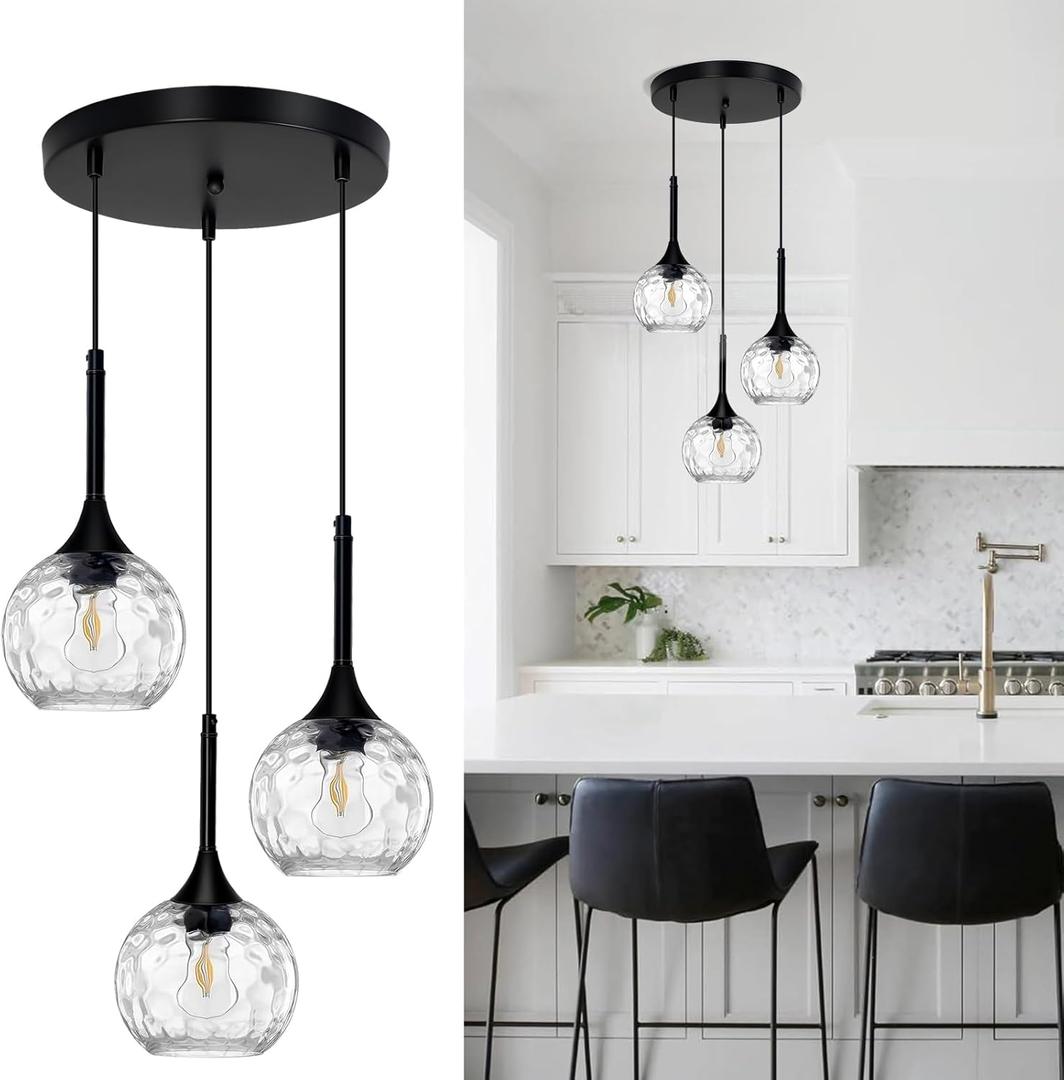 JHLBYL 3-Light Pendant Light Fixtures Modern Glass Kitchen Island Lighting with Hammered Glass Adjustable Hanging Dining Room Chandelier Light Fixtures Over Table