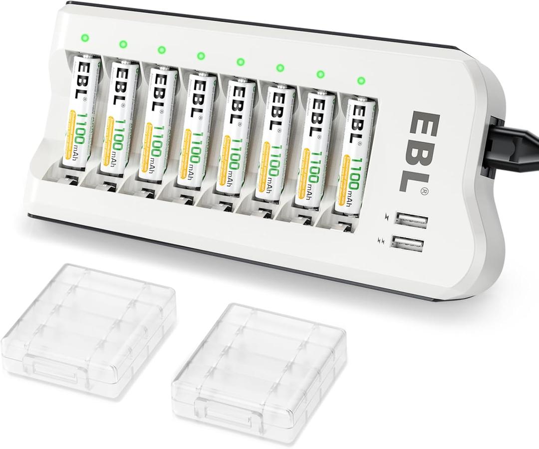 EBL AA AAA Battery Charger with AAA Rechargeable Batteries - 1100mAh NIMH AAA Battery Triple A Battery 1.2V 8 Packs and 8 Bay Battery Charger Independent Charger Combo
