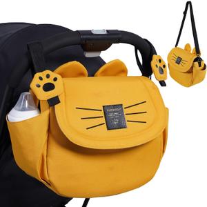 SUNVENO Universal Stroller Organizer with Cup Holder and Shoulder Strap, Cute Cartoon Cat Design, Diaper Bag with Multiple Inner Pockets, Fits Uppababy, Baby Jogger, Britax & Pet Strollers,Yellow