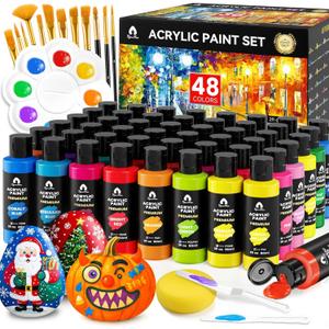 Acrylic Paint Set, 48 Colors, 2oz/60ml Bottles with 12 Brushes, 2 Knives & Palette - for Adults, Artists & Beginners - Arts and Crafts Painting Kit Gifts (Classic)