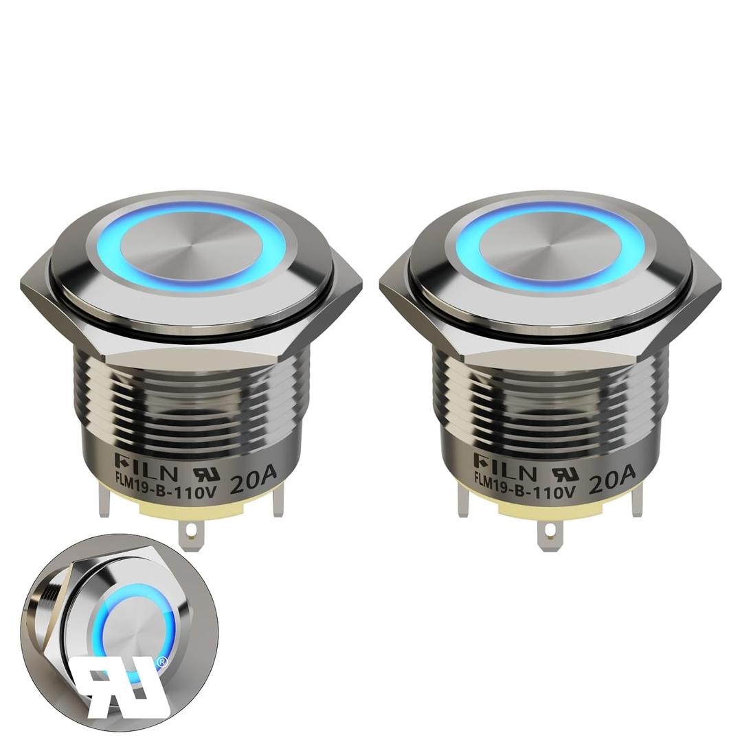 20 Amp 19 mm (3/4'') 2-Piece Latching High Current Pushbutton Switch 110V DC Switch with Blue LED Self-Locking Pushbutton (Blue/Stainless Steel Latching)