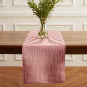 Solino Home 100% Pure Linen Table Runner 14x72 Inch - Narrow Stripe Red and White Cloth Runner 72 Inches Long for Dining Table, Dresser - Machine Washable - 4th of July