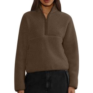 Jacket Women Stand Collar Quarter Zip Pullover Trendy Fleece Cropped Jacket Long Sleeve Sweatshirt with Pockets