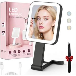 Travel Makeup Mirror with Lights, 1500mAh Rechargeable, Double-Sided 10X/1X Magnification, 3 Color Lighting, Smart Touch Dimming, Precision Tweezers, Lighted Mirror for Desk, Trip, Home, Office, Black