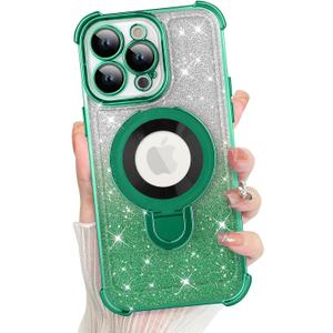 KANGHAR for iPhone 13 Pro Case, Support for MagSafe [Four Corner Cushion Series] Kickstand Electroplate Edge Shockproof Durable Full Body Protection for Girls Women -Green