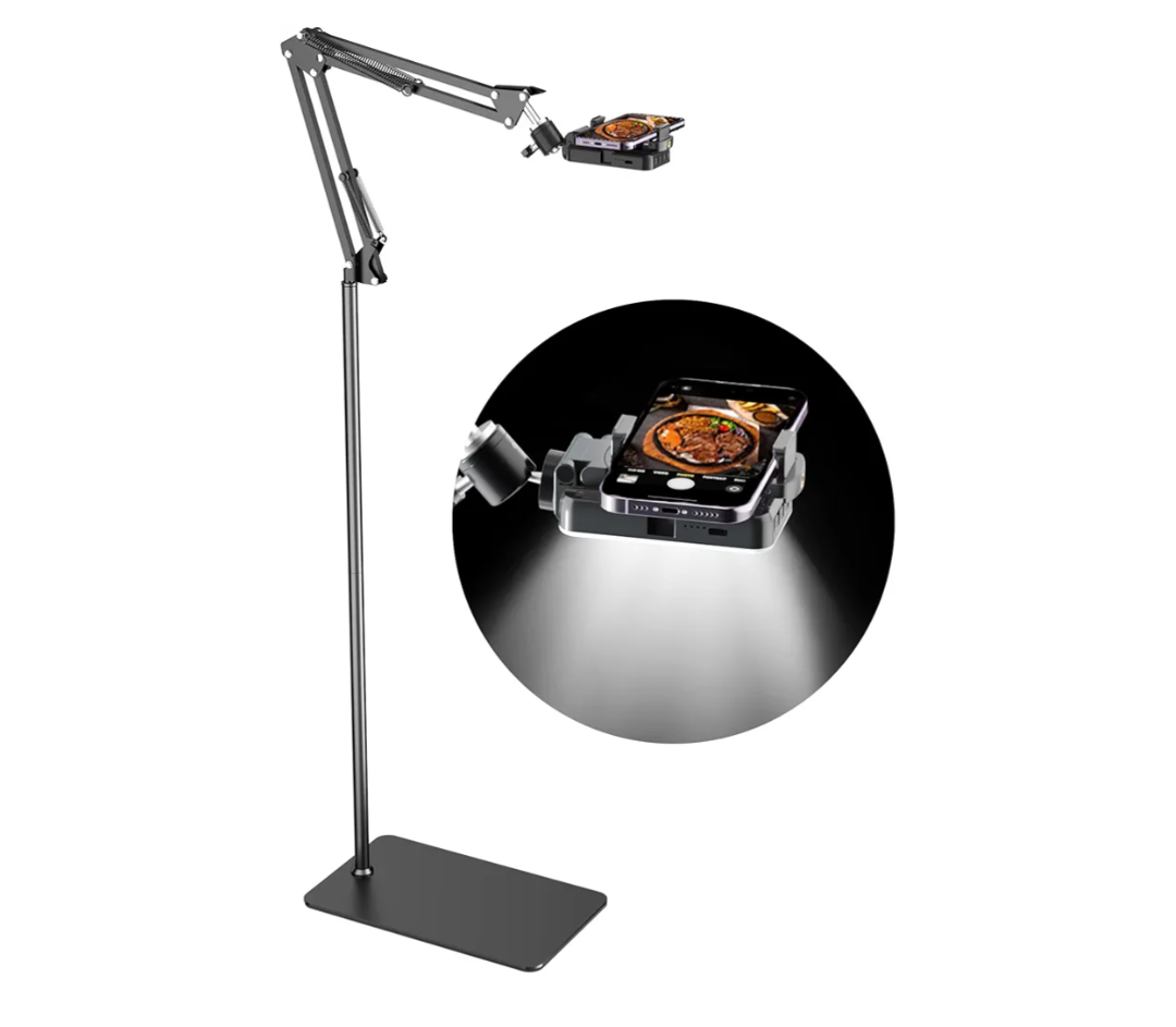 Floor Overhead Phone Tripod with Rechargeable Light for Cooking Videos, Move Around Phone Stand with Ring Light Content Creator Video Recording Selfie Photography TikTok Youtube Compatible with iPhone