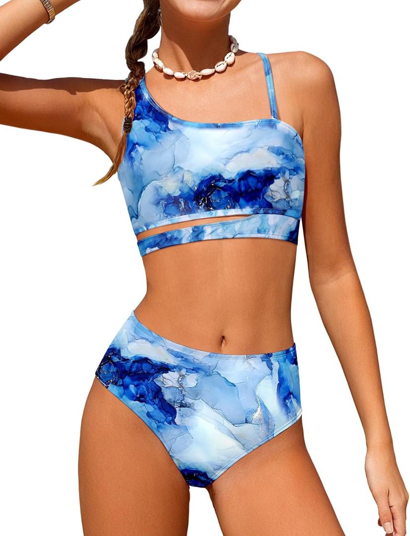 Queenstyle Girls Swimsuits Bikini Set Kids Cutout Bathing Suit Bikini Top Two Piece Girls' Swimwear (15-16 Years, Blue-1)