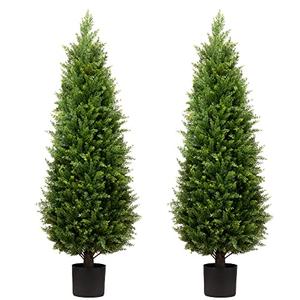4ft Artificial Cedar Trees Artificial Topiary Trees Set of 2 Faux Cypress Plants UV Resistant Potted Bushes Faux Shrubs for Outdoor Indoor Front Porch Garden