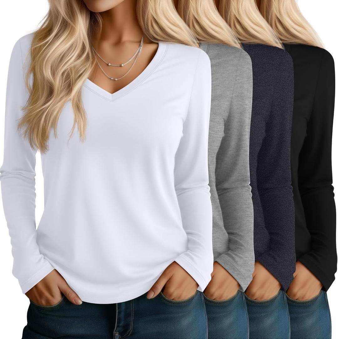 Huukeay 4 Pack Women's V Neck Long Sleeve T Shirts Basic Tops Casual Fall Loose Fit Blouse Tee Clothes Fashionable Outfits (XX-Large, Black, Dark Gray, Light Gray, White)