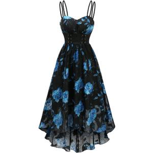 DRESSFO Women's Vintage Sundress Cottagecore Rose Flower Leaf Printed Lace Up Chiffon Tank Cami Dress (Black, XL)