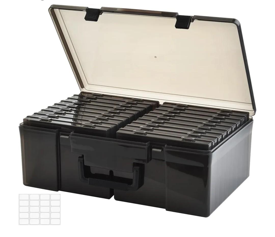 ALINK Photo Storage Box 5" x 7" with Handle, 18 pcs Photo Container Organizer and Craft Keeper, Portable Picture Case with Label for Arts, Crafts, Sewing, Stickers, Office, Seeds - Black