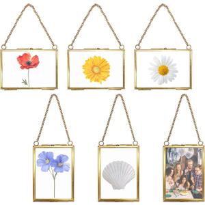 6 Pcs Brass Hanging Mini Photo Frame Double Glass Floating Picture Frame with Chain Vintage DIY Display Frame for Pressed Flowers Artwork Home Wall Decor(3.5x2.5 Inch)
