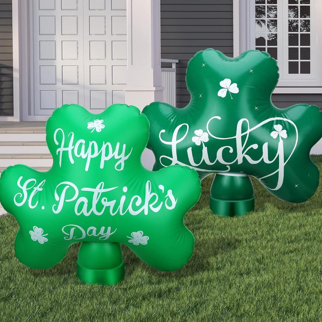 2 Pcs 24 Inch St. Patrick's Day Inflatable Shamrock Decorations Inflatable Outdoor Decoration Lucky Day Outdoor Blow up Yard Garden Lawn Front Door Decor Home Party Indoor