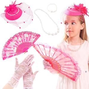 JeVenis Tea Party Necklace for Kids, Tea Party Hats & Supplies, Decoration Set (Pink)