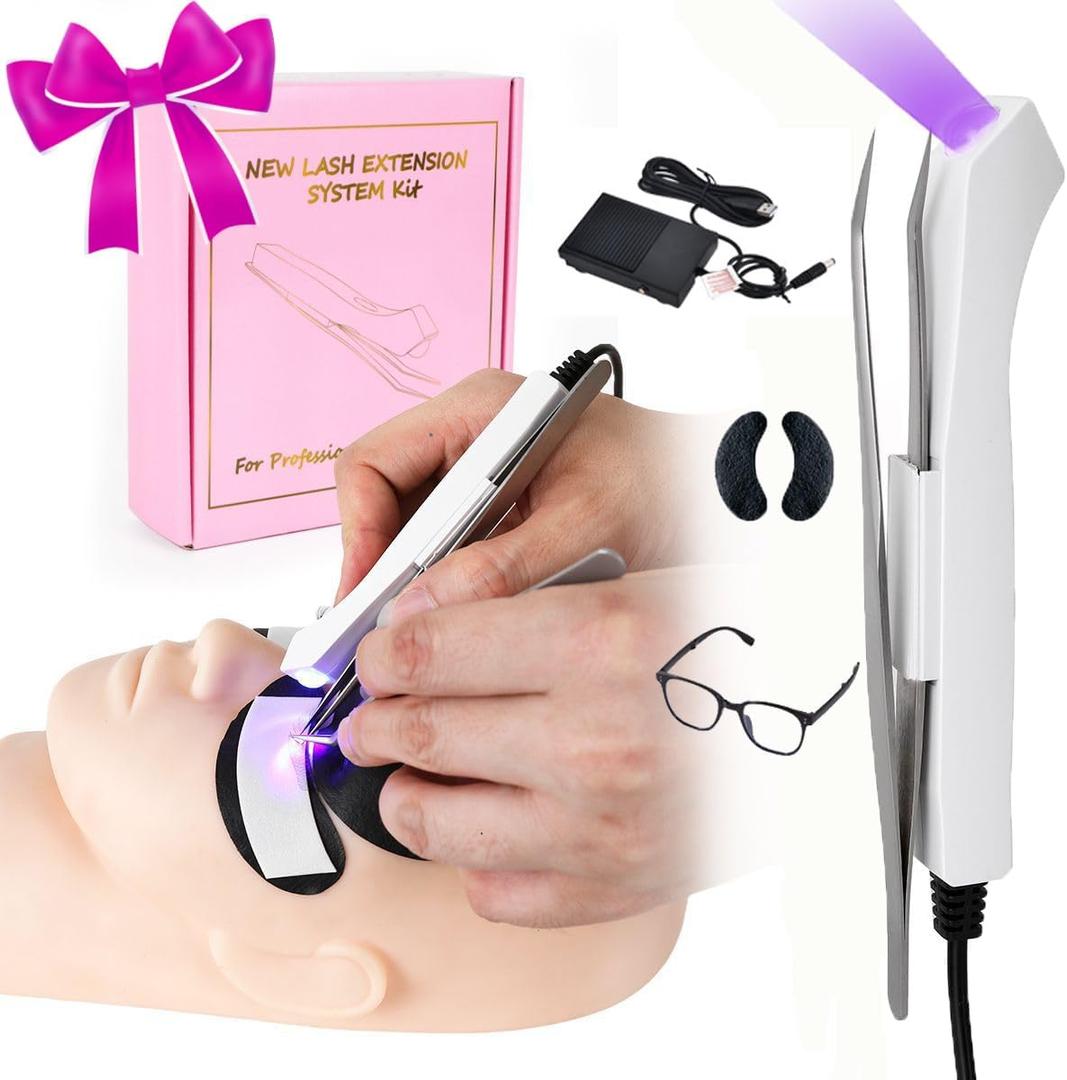 Uv Lash Lamp with Foot Pedal Portable Eyelash Extension Lamp Uv Eyelash Extension Curing Light for Nails Art US Plug Comes with Tweezers Stickers and Goggles(White)