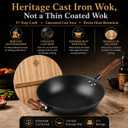 WANGYUANJI 12.6 Inch Cast Iron Wok with Wooden Lid, Handcrafted Flat Bottom Chinese Stir Fry Pan, Uncoated Heavy-Duty Iron Wok for Induction, Gas, Electric & Ceramic Stoves