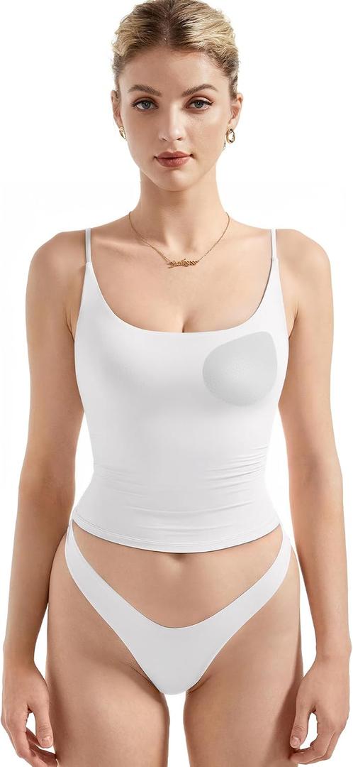 SUUKSESS Women Padded Scoop Neck Tank Tops Double Line Going Out Basic Camisole Top (White, XS)