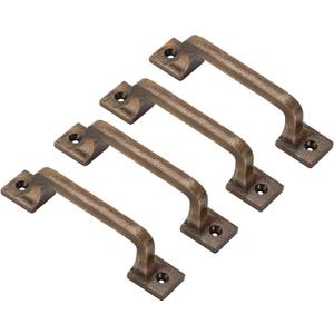 CRAFTSMAN ROAD Antique Brass Cast Iron Pull Handles 6 inch (Squared Base, Set of 4) - Cabinet Door Handles, Gate Handle Pull, Barn Door Hardware, Grab Handles