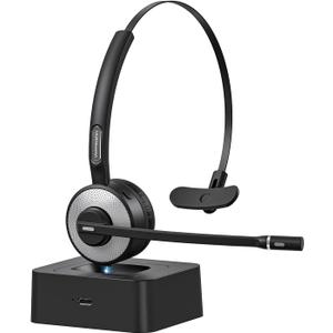 Angteela Wireless Bluetooth 5.3 Headset with Noise Cancelling Mic, Dedicated Mute Button, Multipoint Pairing & Charging Base