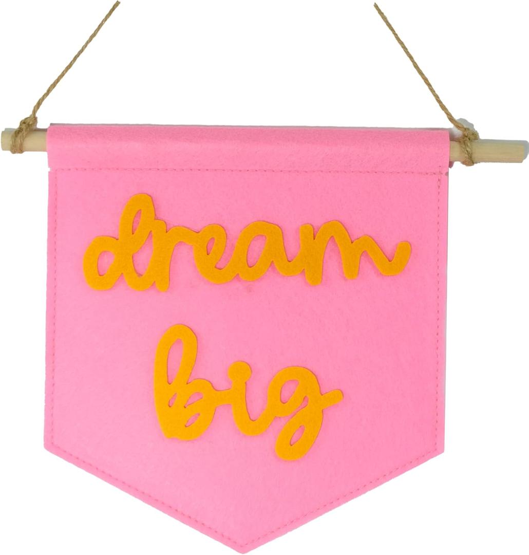 Dream Big Mini Hanging Felt Banner，- Baby Kids Girl Nursery Wall Decor, Kids Room Flag, Cute Decorative Banner, Charming Decoration For Small Spaces (pink)