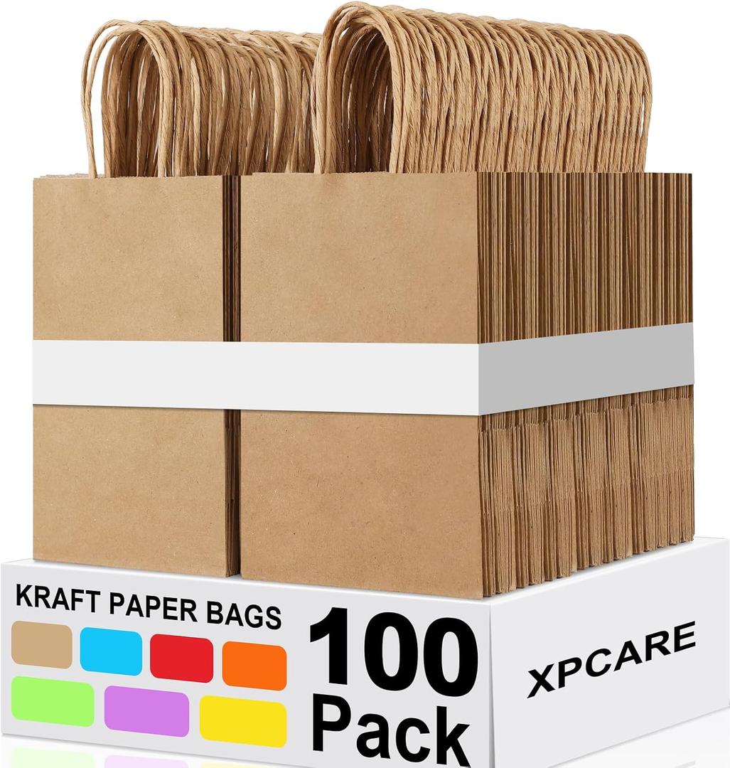 XPCARE 100Pcs Paper Gift Bags 5.25x3.25x8.25'', Small Paper Bag with Handles Bulk Shopping,Kraft,Retail,Party Bags for Small Business (Brown), 100 Count