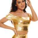 Women's Shiny Metallic Crop Tops Off Shoulder Tube Bra for Raves, Festivals, Costumes (L)