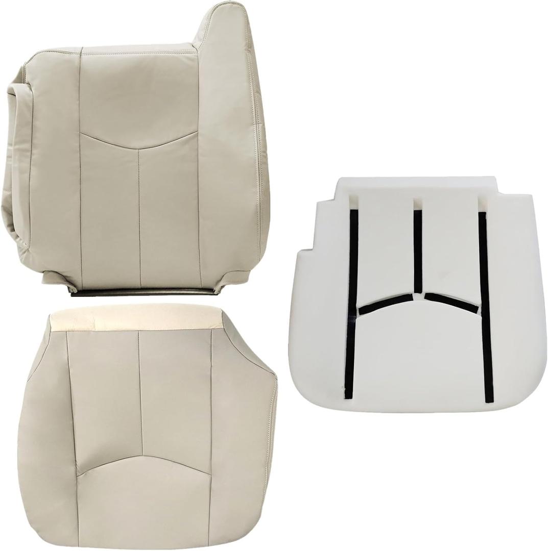 NLQR Front Driver Side Bottom and Top Replacement Seat Covers Light Tan & Driver Bottom Foam Cushion Compatible with Chevy Avalanche Tahoe Suburban Yukon XL 2003 2004 2005 2006 2007