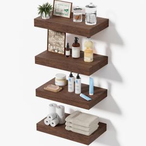 Floating Shelves for Wall, Wall Mounted Rustic Wood Shelves for Bathroom, Bedroom, Living Room & Kitchen, Hanging Shelf for Storage, Books & Room Decor, Walnut-Like, Set of 4, 12"x7"x1.5"
