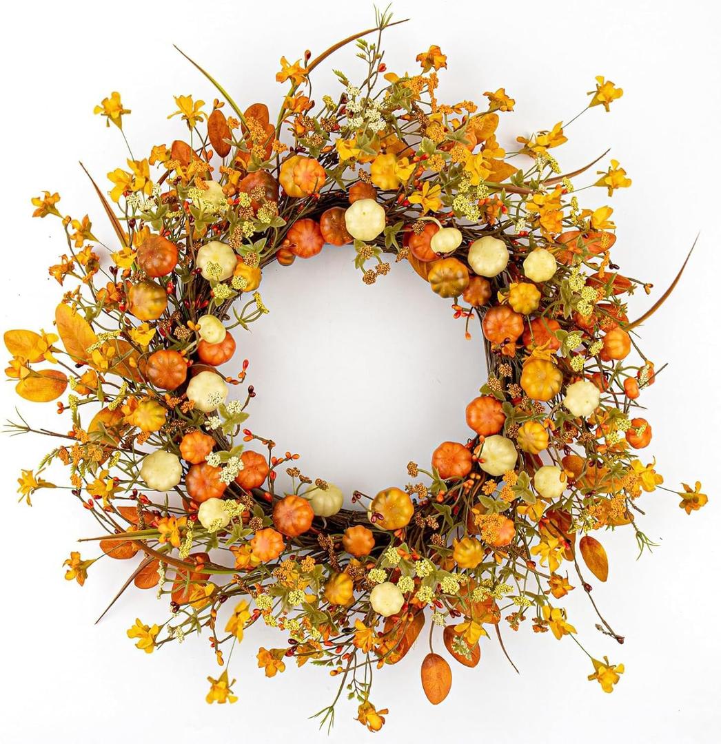 22 Inches Rustic Fall Wreath Farmhouse Autumn Wreaths for Front Door White Orange Pumpkin Wreath with Wildflowers for Harvest Celebrate Window Wall Porch Door Hanging Decoration