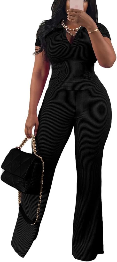 HBQ Women Two Piece Outfit Ribbed Short Sleeve V Neck Polo Top and Flare Pants Casual Lounge Sets Tracksuit (Medium, Black)