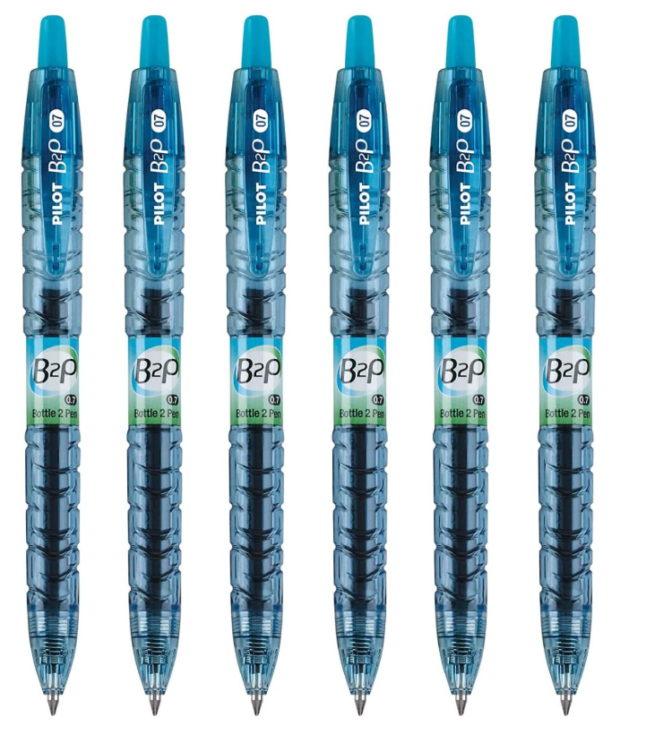 PILOT B2P - Bottle to Pen Refillable & Retractable Rolling Ball Gel Pen Made From Recycled Bottles, 0.7mm Fine Point, Turquoise Ink, 6-Pack